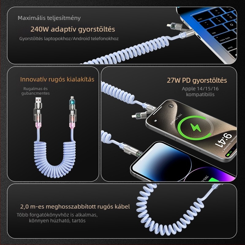 240W négy az egyben autós adatkábel USB-C és Lightning-hoz — ultram gyors töltés, aromaterápia, hossz 1–2 m