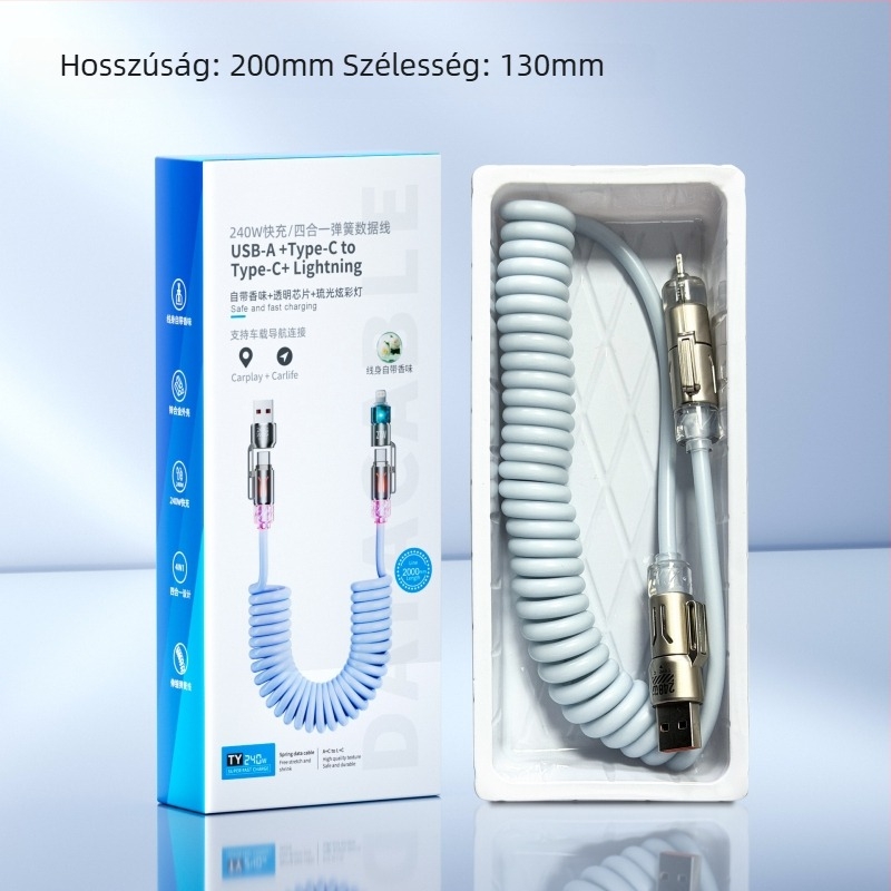 240W négy az egyben autós adatkábel USB-C és Lightning-hoz — ultram gyors töltés, aromaterápia, hossz 1–2 m