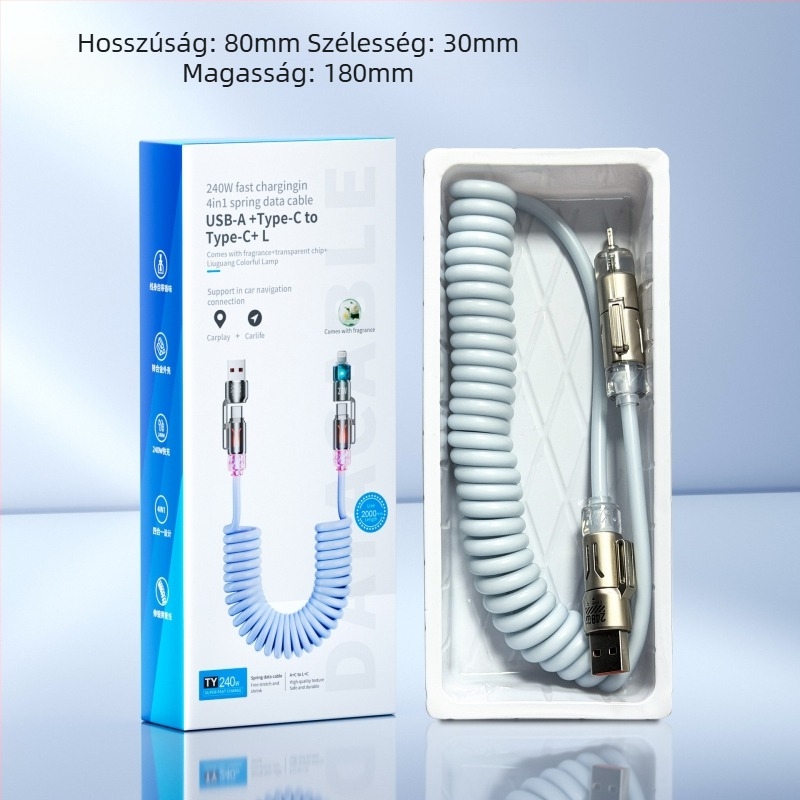 240W négy az egyben autós adatkábel USB-C és Lightning-hoz — ultram gyors töltés, aromaterápia, hossz 1–2 m
