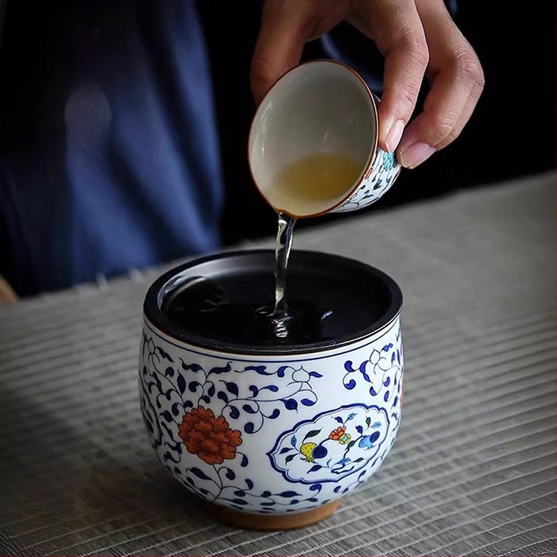 Kék-fehér Jianshui teatisztító edény fedővel, kis méret, prémium antik stílusú kerámia teázási tartó, Kung Fu tea kiegészítő