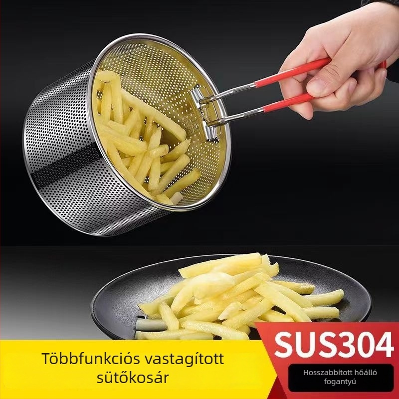 304 rozsdamentes acél olajsütőkosár szűrővel – hasábburgonyához és tésztákhoz