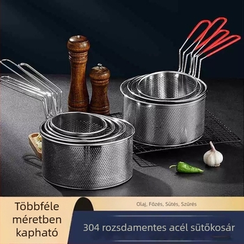 Rozsdamentes acélból készült fritőzkosár tésztaszűrővel és levehető fogantyúval