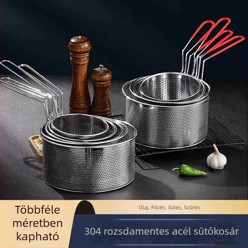 Rozsdamentes acélból készült fritőzkosár tésztaszűrővel és levehető fogantyúval