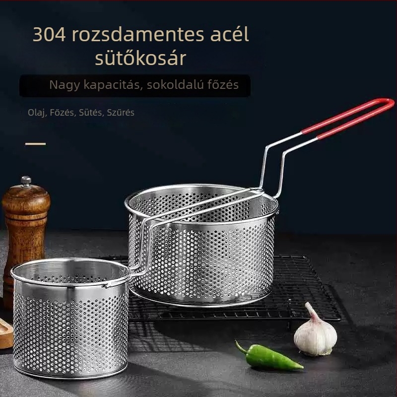 Rozsdamentes acélból készült fritőzkosár tésztaszűrővel és levehető fogantyúval