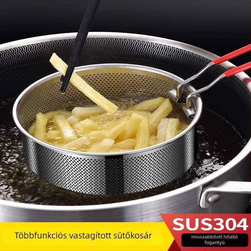 Rozsdamentes acélból készült fritőzkosár tésztaszűrővel és levehető fogantyúval