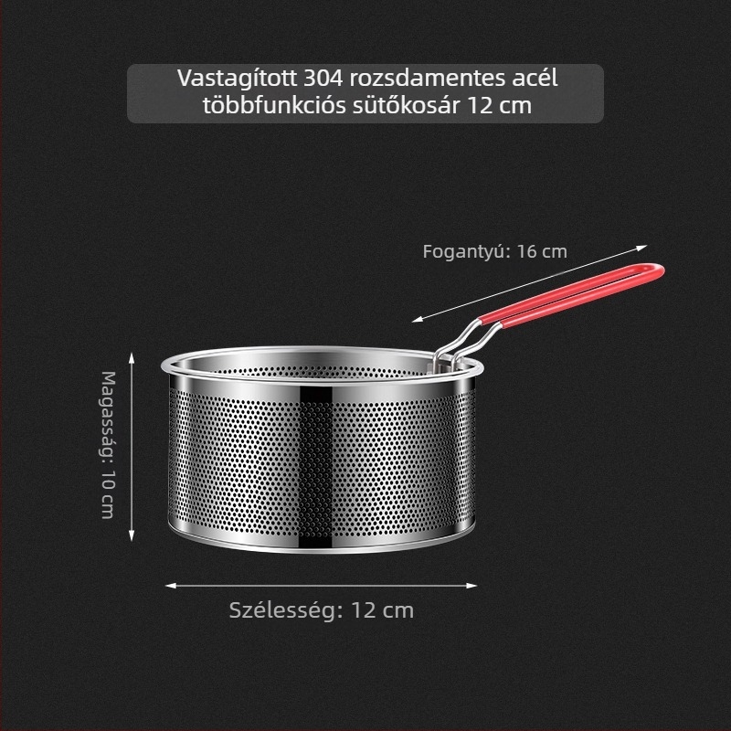Rozsdamentes acélból készült fritőzkosár tésztaszűrővel és levehető fogantyúval