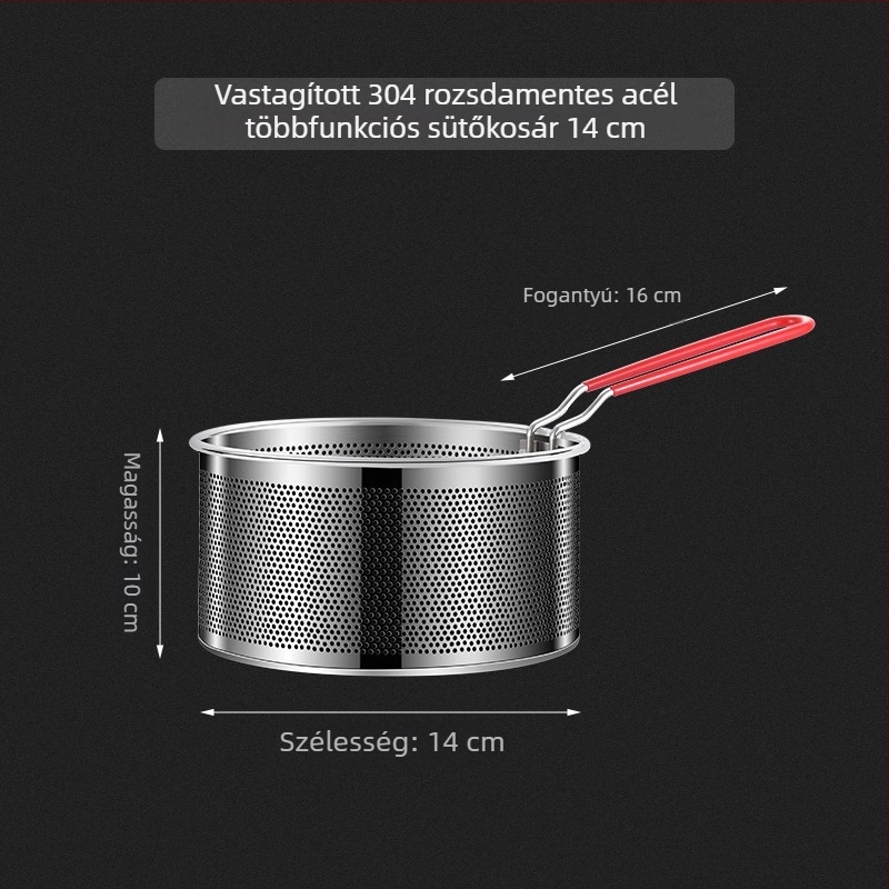 Rozsdamentes acélból készült fritőzkosár tésztaszűrővel és levehető fogantyúval