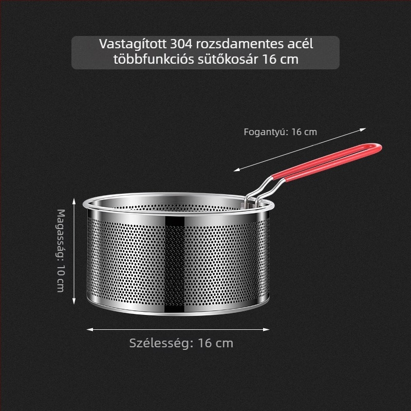Rozsdamentes acélból készült fritőzkosár tésztaszűrővel és levehető fogantyúval