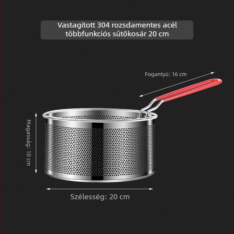 Rozsdamentes acélból készült fritőzkosár tésztaszűrővel és levehető fogantyúval