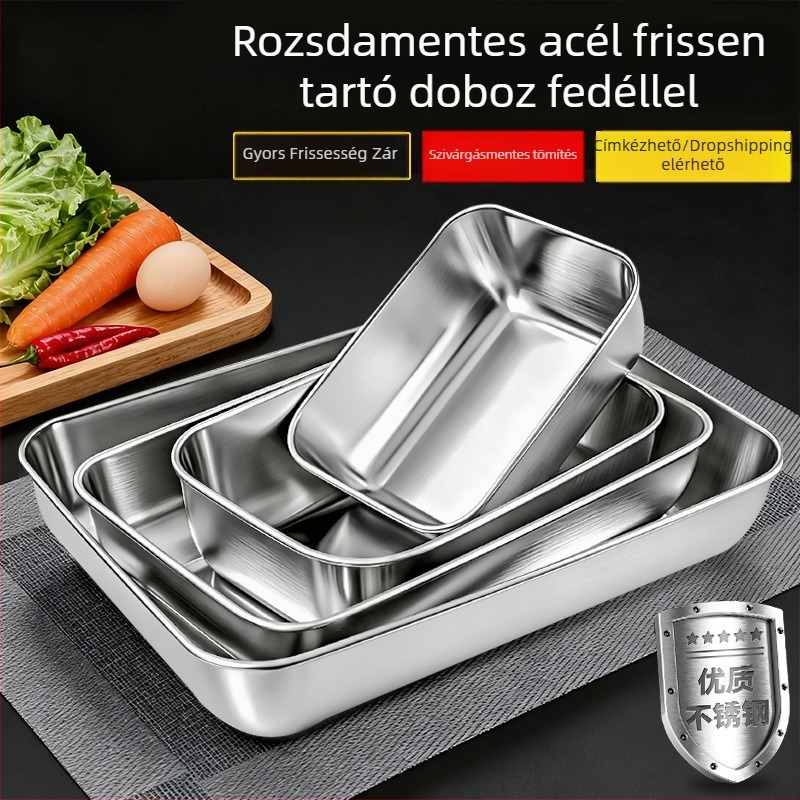 Rozsdamentes acélból készült négyzet alakú élelmiszertároló tál kapcsos fedéllel, mikrohullámú sütőbe kompatibilis, 0,3–0,5 L.