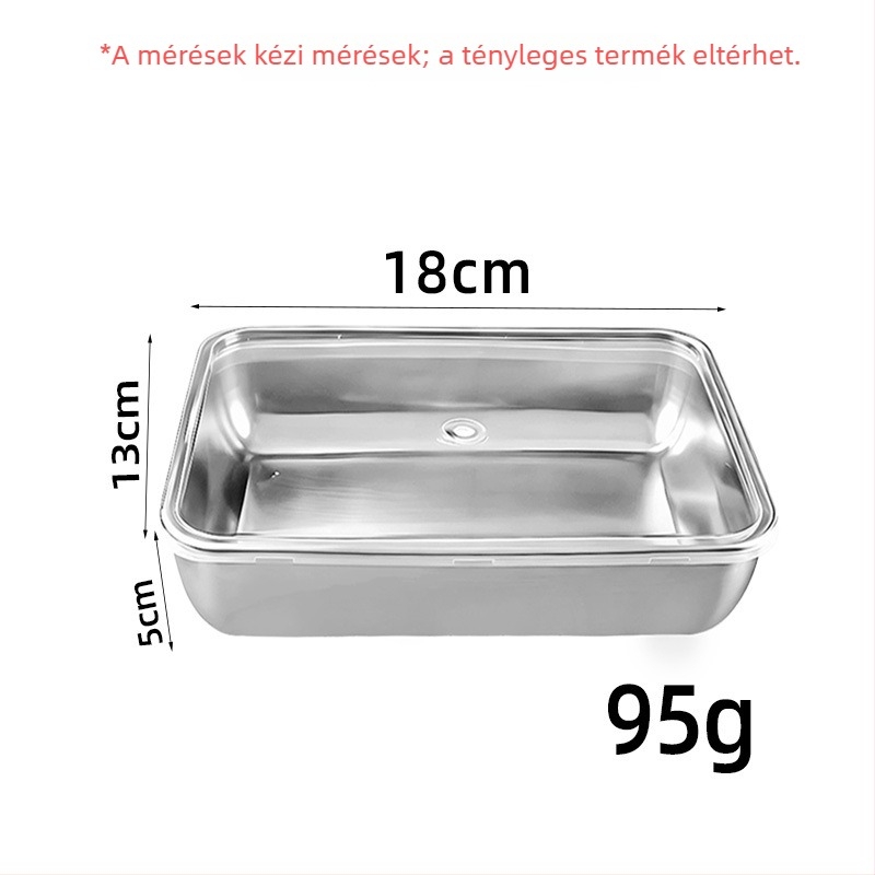 Rozsdamentes acélból készült négyzet alakú élelmiszertároló tál kapcsos fedéllel, mikrohullámú sütőbe kompatibilis, 0,3–0,5 L.
