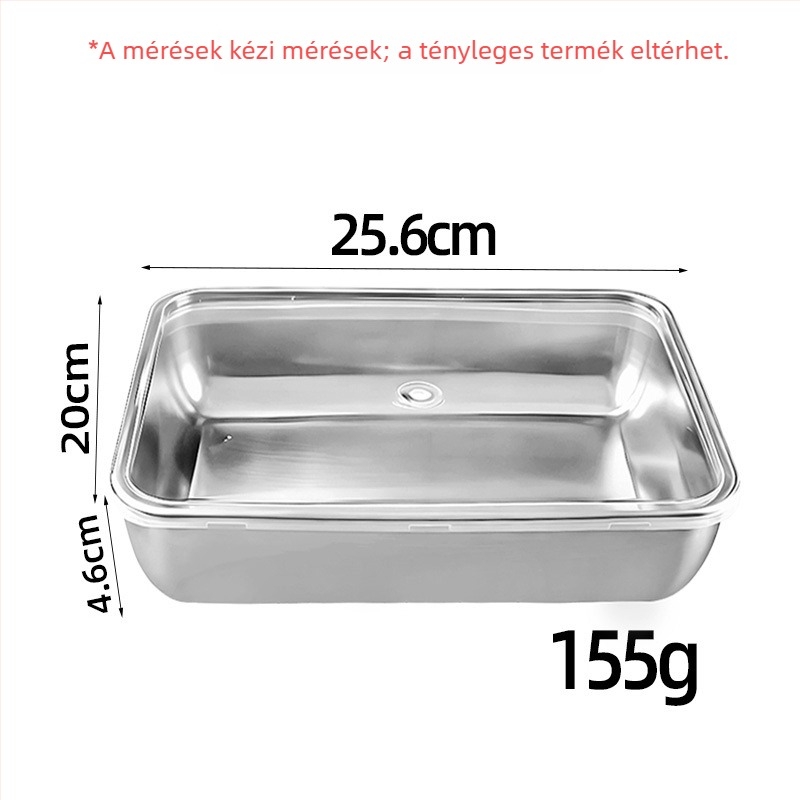 Rozsdamentes acélból készült négyzet alakú élelmiszertároló tál kapcsos fedéllel, mikrohullámú sütőbe kompatibilis, 0,3–0,5 L.