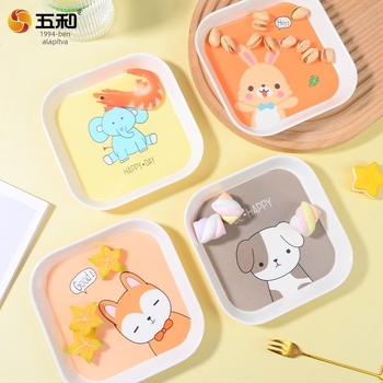 Négyzet alakú melamin snack tál, 15 cm, élelmiszerbiztonsági minőség, aranyos karikatúra stílus