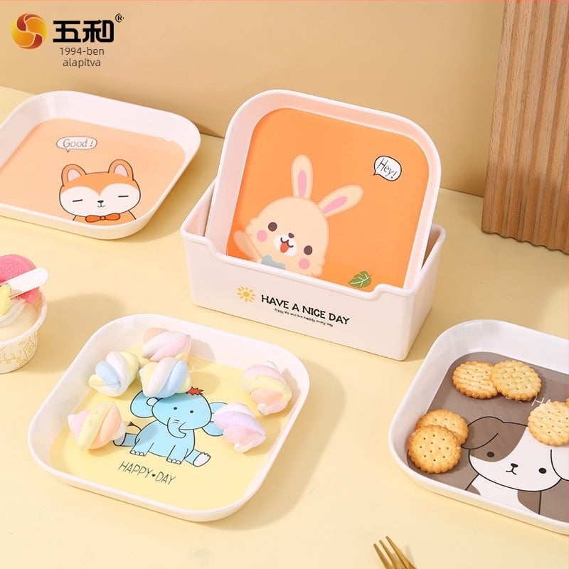 Négyzet alakú melamin snack tál, 15 cm, élelmiszerbiztonsági minőség, aranyos karikatúra stílus