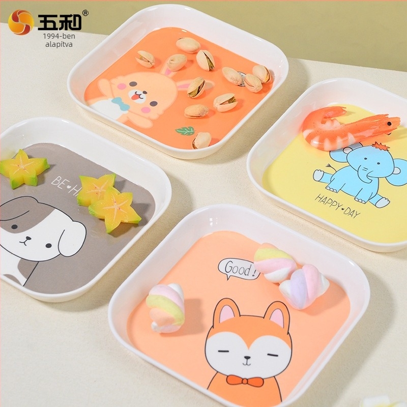 Négyzet alakú melamin snack tál, 15 cm, élelmiszerbiztonsági minőség, aranyos karikatúra stílus
