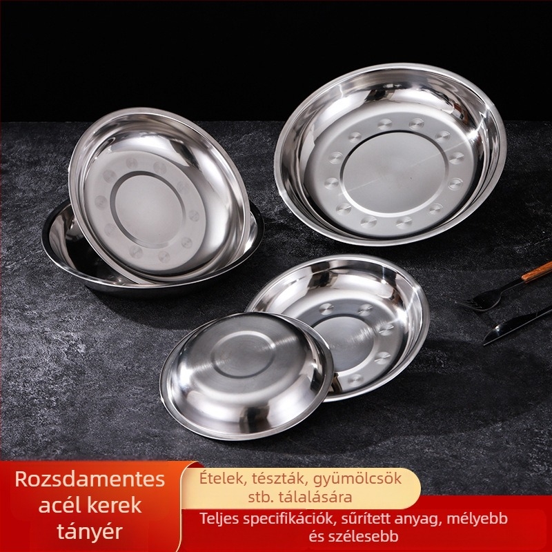 Rozsdamentes acél étkezési tányérok – lapos és mély változatban, három méretben: 16–17 cm, 18–19 cm, 24–25 cm.