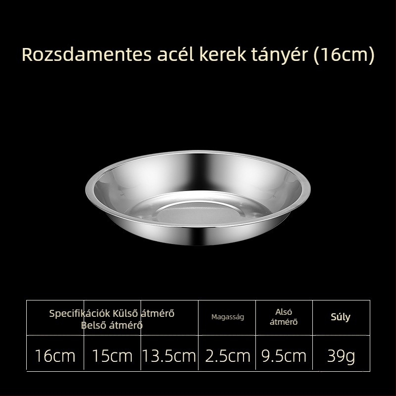 Rozsdamentes acél étkezési tányérok – lapos és mély változatban, három méretben: 16–17 cm, 18–19 cm, 24–25 cm.