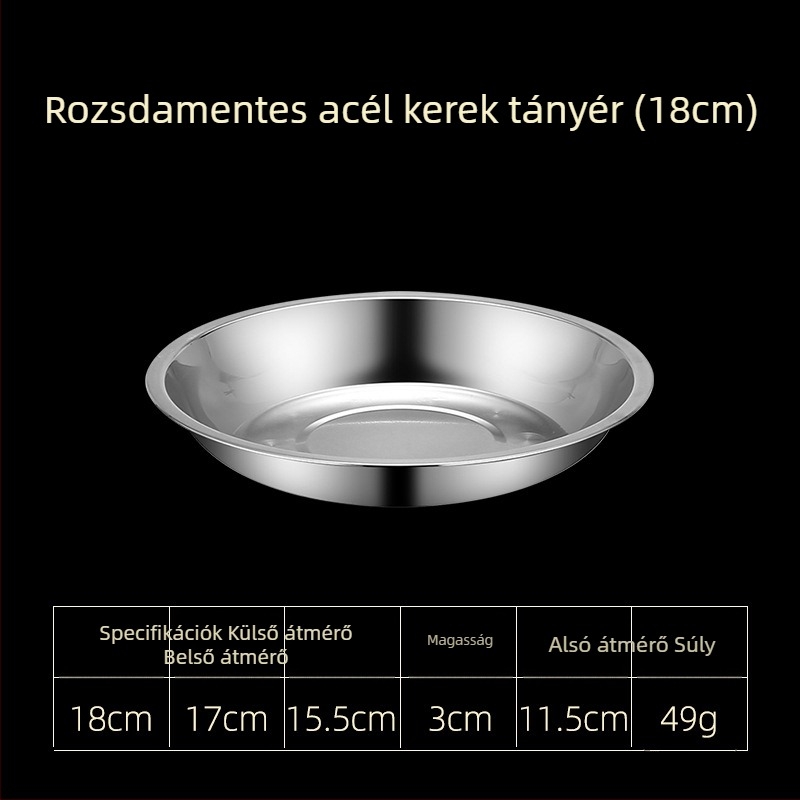 Rozsdamentes acél étkezési tányérok – lapos és mély változatban, három méretben: 16–17 cm, 18–19 cm, 24–25 cm.