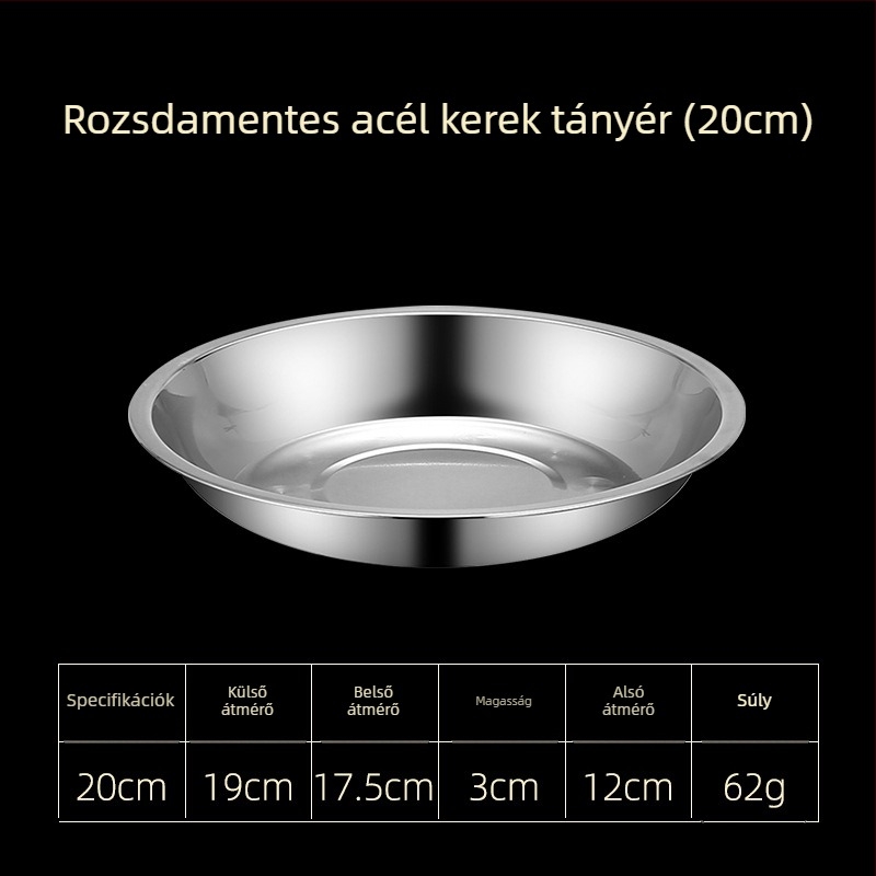 Rozsdamentes acél étkezési tányérok – lapos és mély változatban, három méretben: 16–17 cm, 18–19 cm, 24–25 cm.