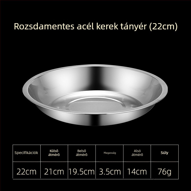 Rozsdamentes acél étkezési tányérok – lapos és mély változatban, három méretben: 16–17 cm, 18–19 cm, 24–25 cm.