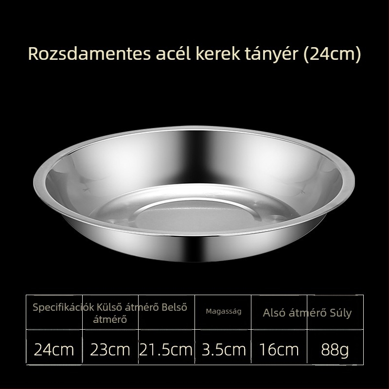 Rozsdamentes acél étkezési tányérok – lapos és mély változatban, három méretben: 16–17 cm, 18–19 cm, 24–25 cm.