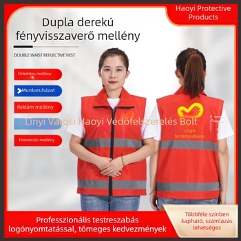 Reflektív biztonsági mellény több zsebbel és cipzárral, dupla deréktáska, testreszabható szöveg