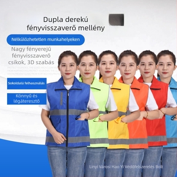 Reflektív biztonsági mellény több zsebbel és cipzárral, dupla deréktáska, testreszabható szöveg