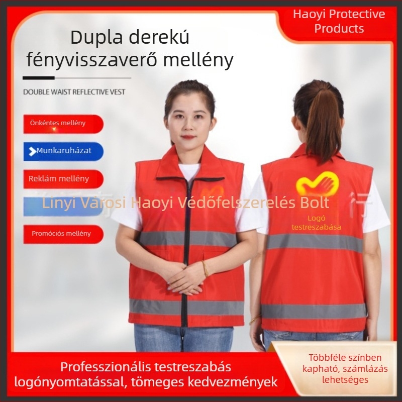 Reflektív biztonsági mellény több zsebbel és cipzárral, dupla deréktáska, testreszabható szöveg