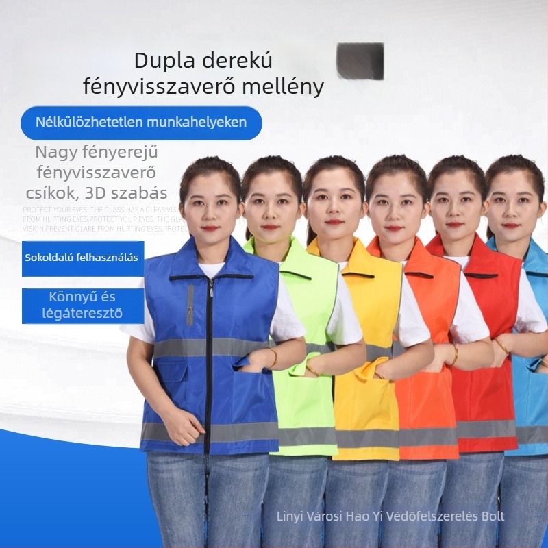Reflektív biztonsági mellény több zsebbel és cipzárral, dupla deréktáska, testreszabható szöveg