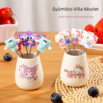Kuromi Cartoon rozsdamentes acél gyümölcsvilla készlet, aranyos kerámiás tároló és szilikon baba, koreai stílusú gyümölcsvillák