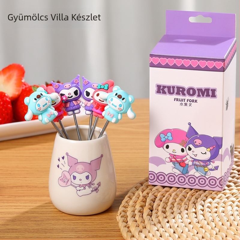 Kuromi Cartoon rozsdamentes acél gyümölcsvilla készlet, aranyos kerámiás tároló és szilikon baba, koreai stílusú gyümölcsvillák