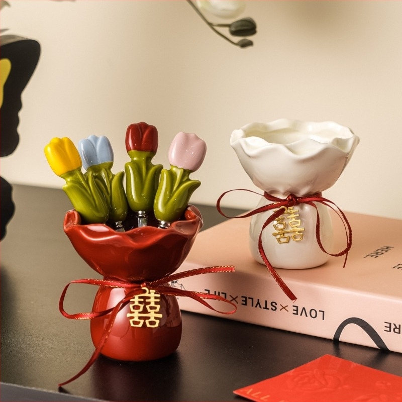 Dopamine tulipán virágcsokor gyümölcsvillái kerámiás tárolóban – rozsdamentes acélból