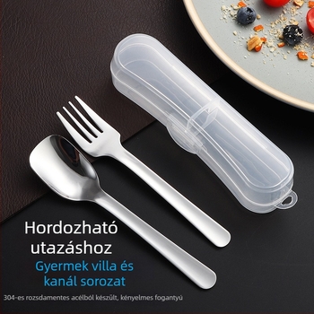 304 rozsdamentes acél gyermekeknek készült evőeszköz készlet: kanál és villa, hordozható, aranyos kinézet, rövid nyéllel.