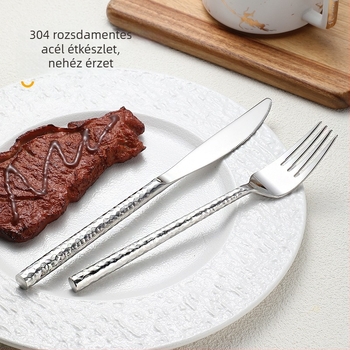 Daoqi 304 rozsdamentes acél nyugati evőeszközök kalapált felülettel – készlet steak kés, villa, kanál, desszertvilla és tortavilla
