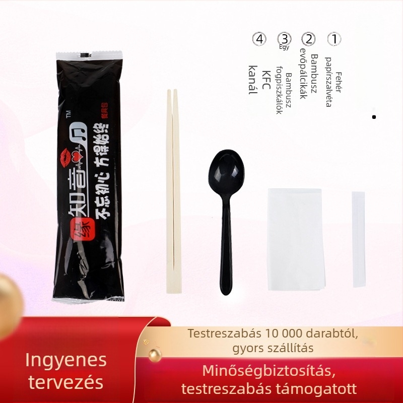 Egyszer használatos bambusz evőeszközök — 4 darabos készlet (pálcikák, kanál, fogpiszkáló, szalvéta) és 3 darabos készlet