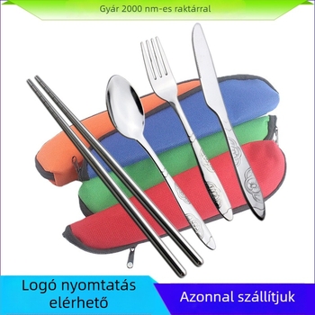 Nyugati stílusú evőeszközök rozsdamentes acélból: kés, villa, kanál és evőpálcika; hordozható háromszög alakú tasak; logó nyomtatás elérhető