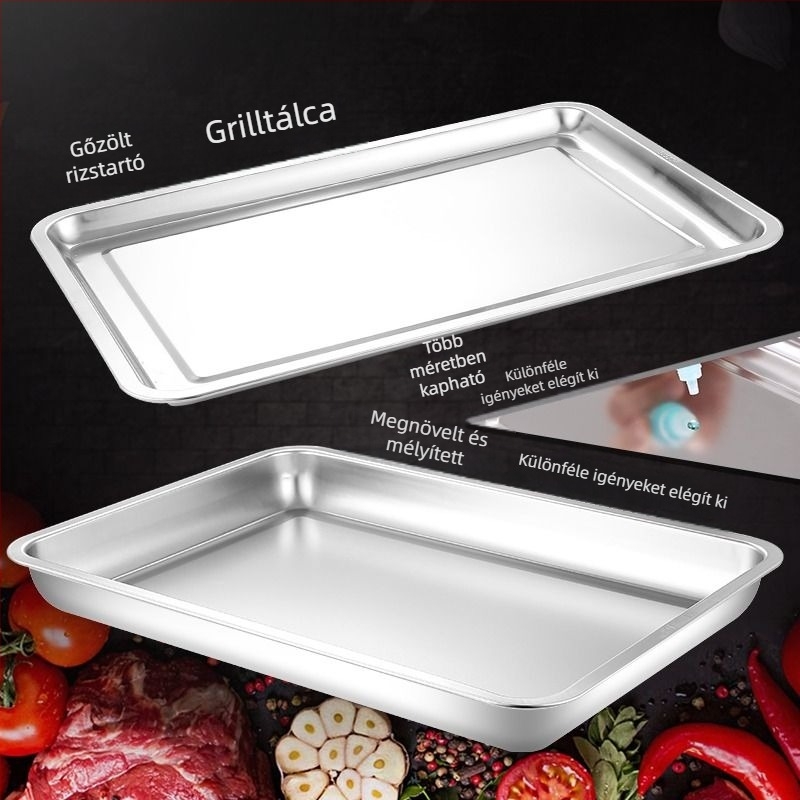 Rozsdamentes acélból készült, négyszögletes, sekély tál, matt felülettel, grillhez, pároláshoz és háztartási használatra