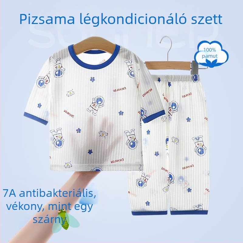 Gyerekek nyári pizsama készlet, uniszex, 90% pamut, könnyű anyag, rajzfilm mintával, 3/4-es ujjú, otthoni viselet