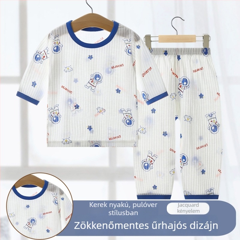 Gyerekek nyári pizsama készlet, uniszex, 90% pamut, könnyű anyag, rajzfilm mintával, 3/4-es ujjú, otthoni viselet