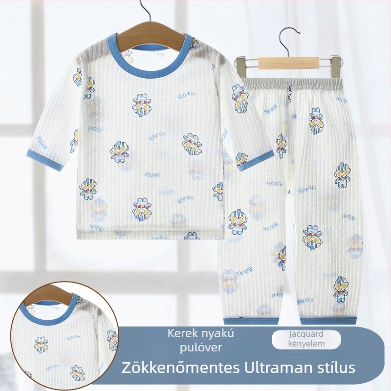 Gyerekek nyári pizsama készlet, uniszex, 90% pamut, könnyű anyag, rajzfilm mintával, 3/4-es ujjú, otthoni viselet