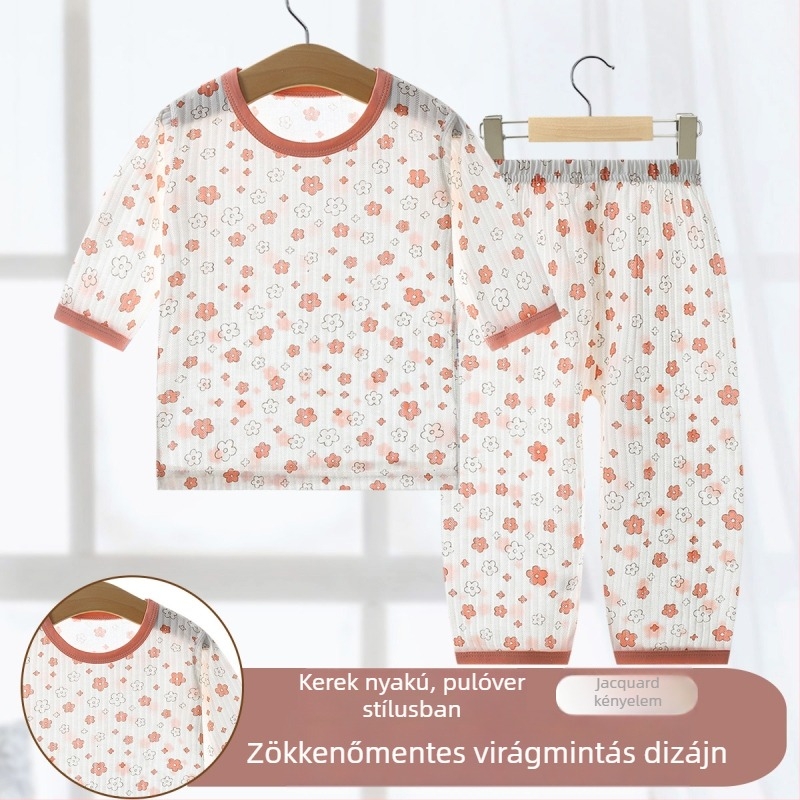 Gyerekek nyári pizsama készlet, uniszex, 90% pamut, könnyű anyag, rajzfilm mintával, 3/4-es ujjú, otthoni viselet