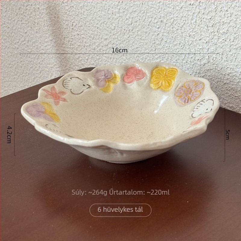 Retro kézzel készített kerámia étkészlet alglazúrral: rizs tál, reggeliző pohár, desszert-tál és saláta tál
