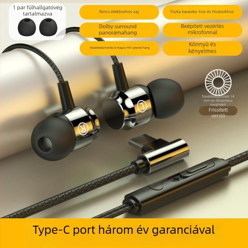 Vezetékes in-ear gaming fejhallgató Type-C csatlakozóval, zajcsökkentés, kiváló hangzás, mikrofon, kerek fülillesztékek