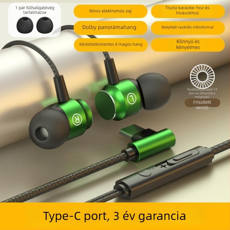 Vezetékes in-ear gaming fejhallgató Type-C csatlakozóval, zajcsökkentés, kiváló hangzás, mikrofon, kerek fülillesztékek
