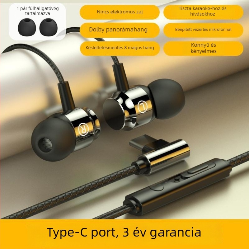 Vezetékes in-ear gaming fejhallgató Type-C csatlakozóval, zajcsökkentés, kiváló hangzás, mikrofon, kerek fülillesztékek