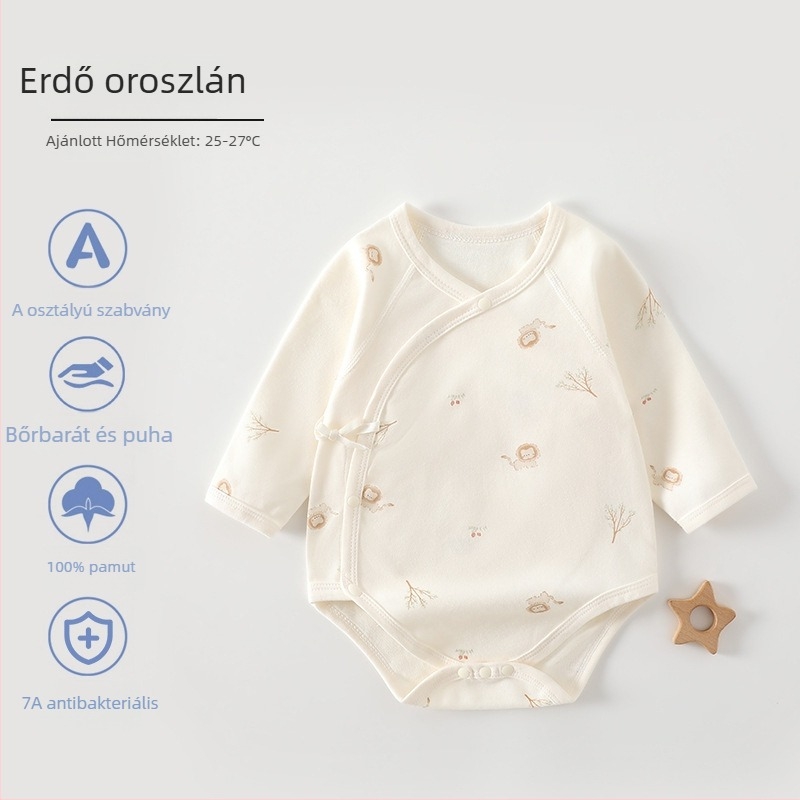 Pamutból készült újszülött rugdalózó hosszú ujjú, egész éves, uniszex, háromszög alakú kivágás