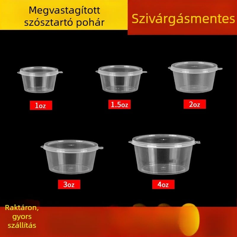Egyszer használatos kör alakú szósz-doboz fedővel, kis ízesítő pohár, chiliolaj és mártogatós szószokhoz, passiógyümölcs íz, szállításra alkalmas csomagolás, vastag falú