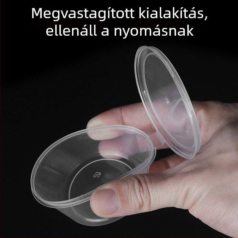 Egyszer használatos kör alakú szósz-doboz fedővel, kis ízesítő pohár, chiliolaj és mártogatós szószokhoz, passiógyümölcs íz, szállításra alkalmas csomagolás, vastag falú
