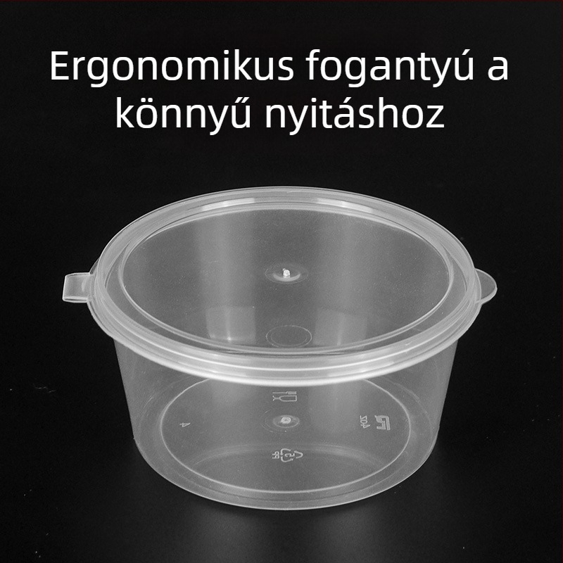 Egyszer használatos kör alakú szósz-doboz fedővel, kis ízesítő pohár, chiliolaj és mártogatós szószokhoz, passiógyümölcs íz, szállításra alkalmas csomagolás, vastag falú