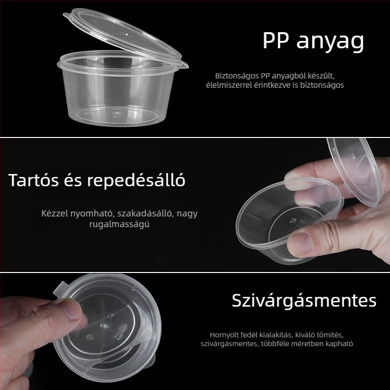 Egyszer használatos kör alakú szósz-doboz fedővel, kis ízesítő pohár, chiliolaj és mártogatós szószokhoz, passiógyümölcs íz, szállításra alkalmas csomagolás, vastag falú